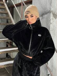 SHEIN EZwear Thư được vá Thả vai Áo Teddy Jackets - Màu xanh lam - Xem 5