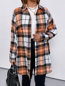 SHEIN CURVE+ 加大尺碼格紋落肩襯衫 - 珊瑚橙 - 查看 6