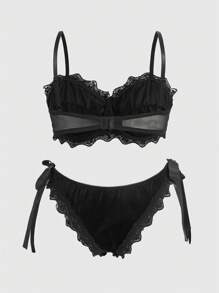 ROMWE Goth Plus Contrast Lace Underwire Lingerie Set - Black - View 2