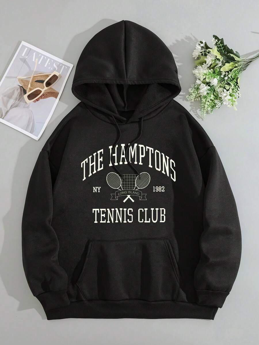 SHEIN EZwear Vợt Tennis & Đồ họa Chữ cái Túi kangaroo Dây rút Áo hoodie ấm áp - màu đen - Xem 1