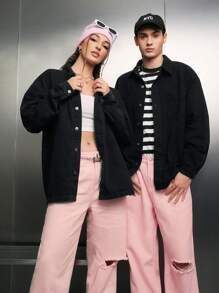 SWAVVY 1pc Men's Loose Drop Shoulder Denim Shirt With Pocket Patches - Black - View 1