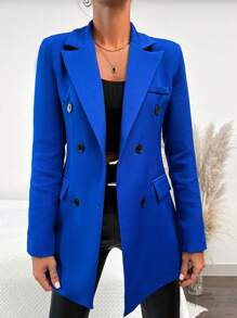 EURMUSE Lapel Neck Double Breasted Flap Detail Blazer - Blue - View 4
