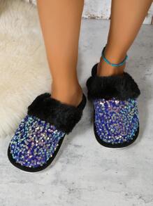 Pantuflas informales con purpurina para mujer, suela plana antideslizante y forro de felpa peluda, para interior y exterior - Negro - Ver 5