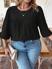 Women's Casual Knitted Jacquard Pattern Round Neck Ruched Lantern Sleeve Relaxed Fit Plus Size Summer T-Shirt