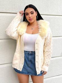 SHEIN EZwear Plus Size Solid Color Cardigan With Collar - Apricot - View 2