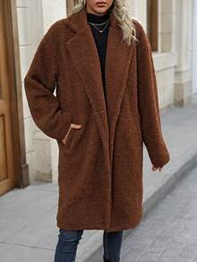 SHEIN LUNE Lapel Neck Slant Pocket Double Button Teddy Coat - Brown - View 4