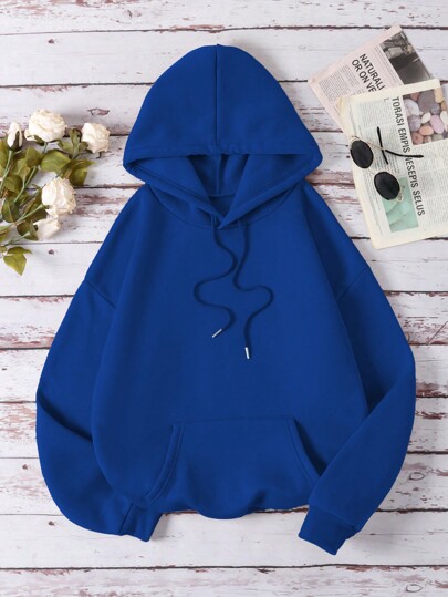 SHEIN Essnce Capucha con estampado de slogan con bolsillo de canguro con forro térmico con cordón