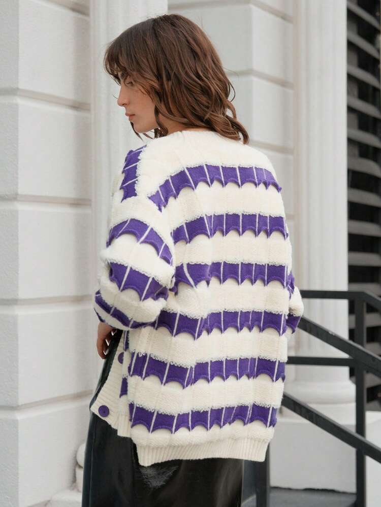 Striped Pattern Drop Shoulder Cardigan