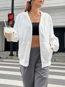 SHEIN EZwear 標語圖案抽繩拉鏈開襟落肩袖連帽衫 - 白色 - 查看 3