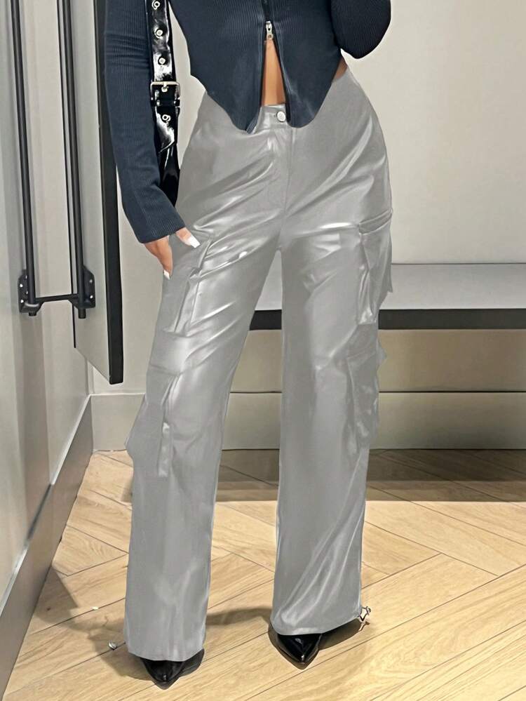 Flap Pocket Side PU Leather Cargo Pants