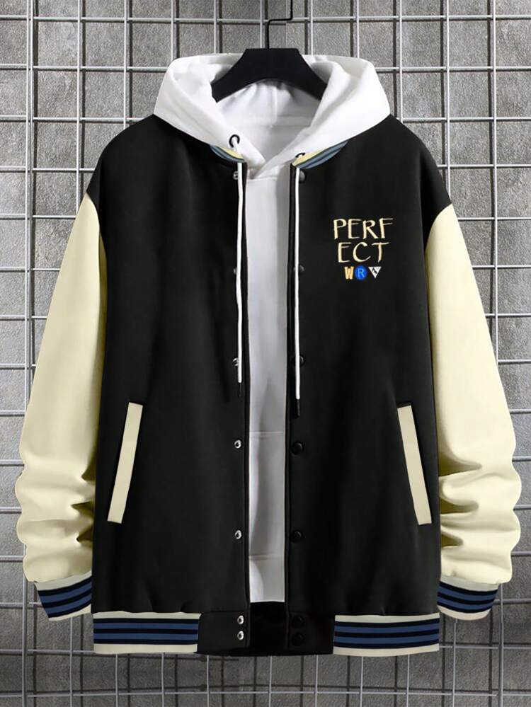 Men Plus Letter Embroidery Colorblock Drop Shoulder Varsity Jacket Without Hoodie