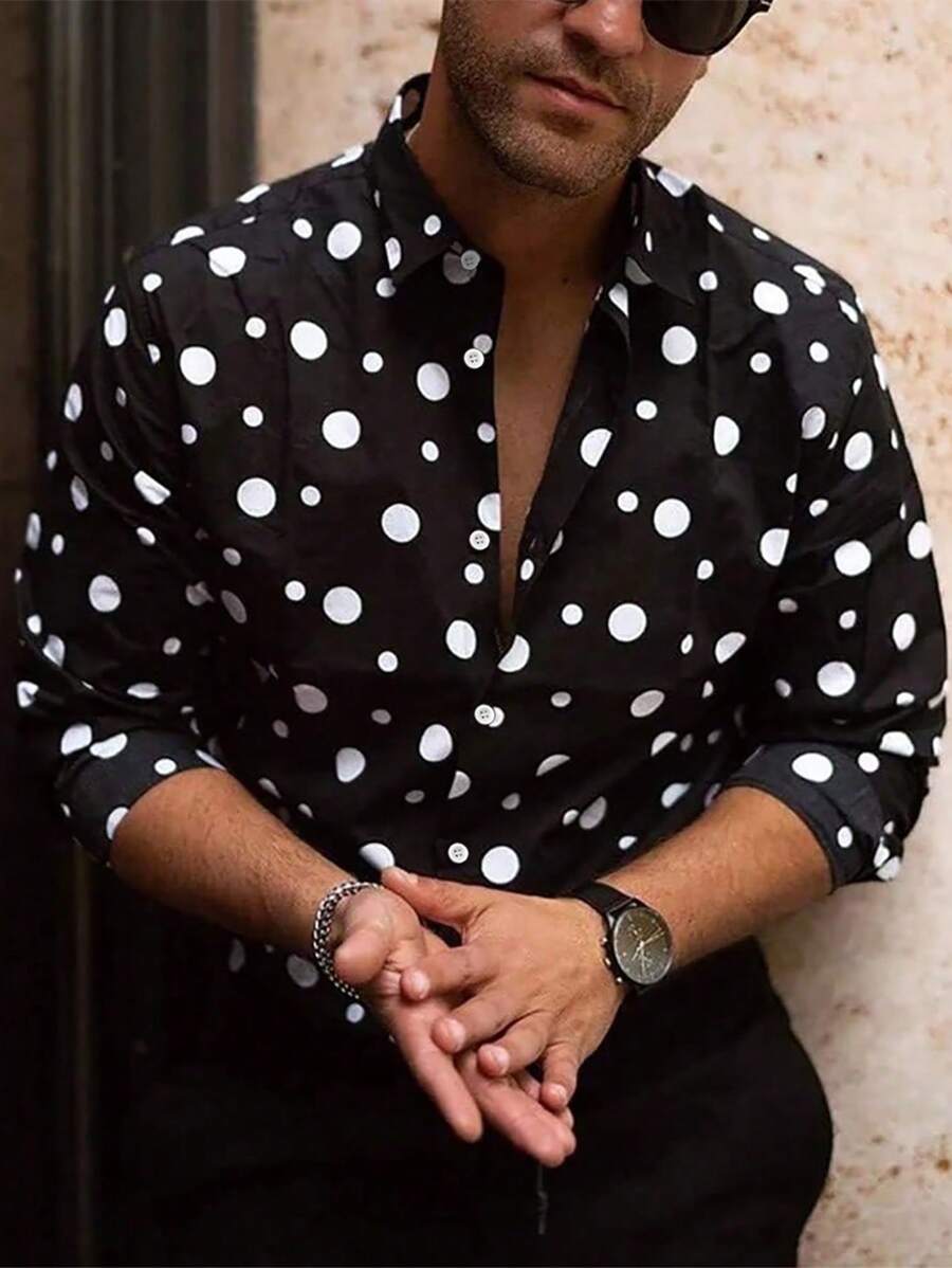 Men Polka Dot Print Shirt - Black - View 1