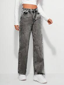 SHEIN Cottnline Zipper Fly Straight Leg Jeans - Dark Grey - View 3