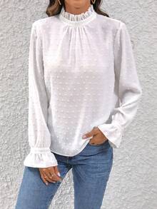 SHEIN Privé Chấm Swiss Lá sen tỉa tay áo lá sen Áo sơ mi - trắng - Xem 5