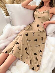全身印花爱情字母吊带睡衣睡裙长裙