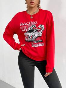 SHEIN Unity Đồ họa ô tô và chữ cái Thả vai Áo nỉ - Đỏ - Xem 4