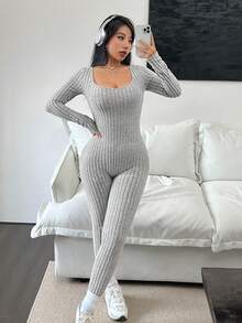 SHEIN EZwear 雞心領口條紋針織彈力緊身連體褲 - 卡其色 - 查看 4