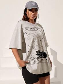 Flirla Áo thun hở vai in hình mặt trăng và mèo cỡ lớn - Màu Xám nhạt - Xem 3