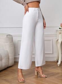 SHEIN Frenchy Dây kéo bay quần ống rộng Quần jean - trắng - Xem 5
