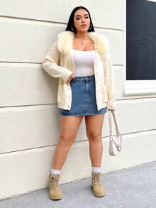 SHEIN EZwear Plus Size Solid Color Cardigan With Collar - Apricot - View 6