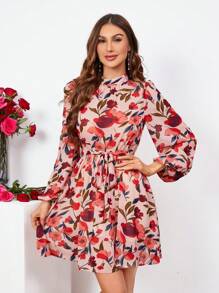 SHEIN Clasi 女性燈籠袖腰帶圖案洋裝