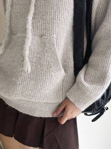 DAZY Big Pocket Drop Shoulder Drawstring Hooded Sweater,Fall Women Clothes - Grey - View 4
