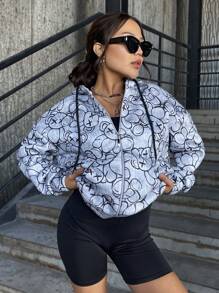 EURMUSE Cartoon Print Zip Up Drawstring Hoodie - Multicolor - View 5