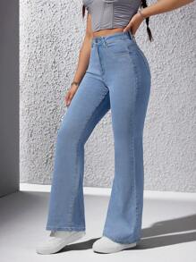 SHEIN Unity 素色牛仔喇叭褲 - 淺色水洗藍 - 查看 4