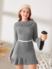 SHEIN 青少年女孩荷葉邊喇叭袖毛衣洋裝不附腰帶 - 灰色 - 查看 4