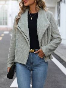 SHEIN Clasi 大翻領拉鏈開襟搖粒絨夾克 - 灰色 - 查看 3