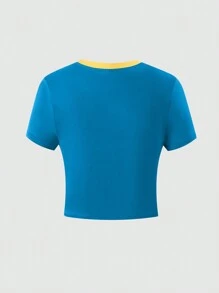 SHEIN Unity Đồ họa Chữ cái Viền tương phản Áo phông Crop - Màu xanh lam - Xem 2