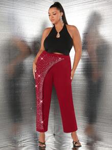 SHEIN SXY Plus Rhinestone Detail Pants - Burgundy - View 3