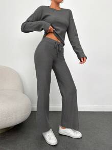 EURMUSE Women'S Ribbed Drop Shoulder T-Shirt And Pants 2pcs/Set - Dark Grey - View 3
