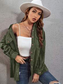 SHEIN LUNE Flap Pocket Drop Shoulder Corduroy Blouse Women Shirt - Army Green - View 5