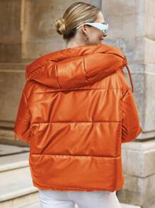 EURMUSE Women's Solid Color Long Sleeve Zip-Up Drawstring Hooded Winter Jacket - Orange - View 2