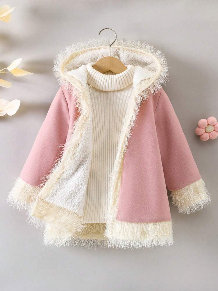 Girls' Fur-edged Hooded Woolen Jacket