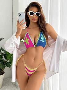 SHEIN Swim 夏季海滩女式钩针条纹海星图案挂脖比基尼套装 - 彩色 - 查看 3