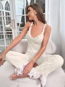 Frill Trim Schiffy Cami Top And Flare Leg Pants PJ Set / Pajama Set