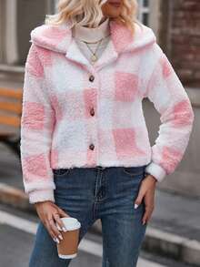 SHEIN LUNE 格紋印花落肩袖法蘭絨夾克 - 粉色 - 查看 3