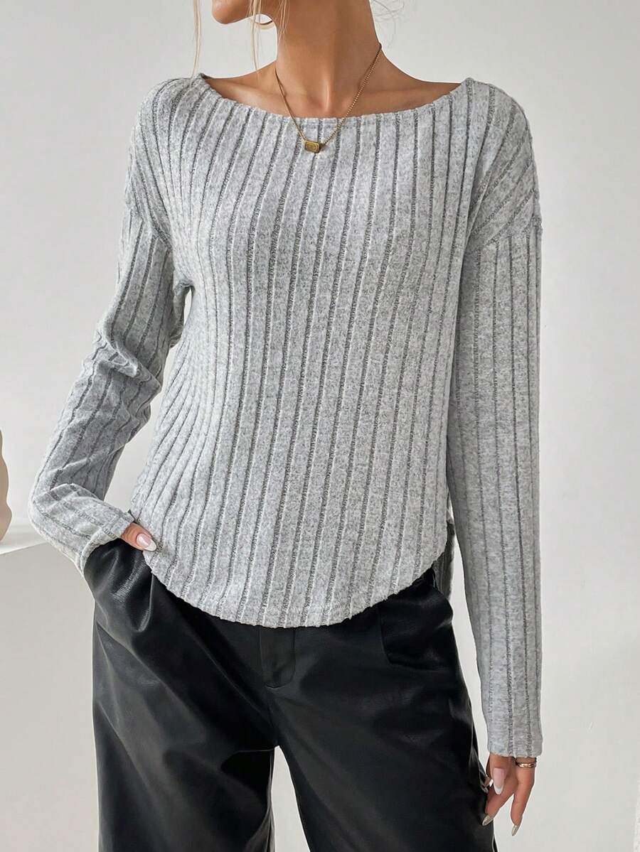 SHEIN Essnce Cổ thuyền Thả vai Curved Hem Áo thun - Màu Xám nhạt - Xem 1
