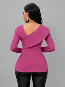 SHEIN Lady Xếp nếp Cổ không đối xứng Xoay eo Áo thun - Màu Hồng Tươi - Xem 2