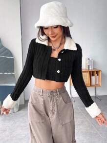 SHEIN EZwear 2入組毛絨領釦前開衫和細肩帶針織上衣 - 黑色 - 查看 1