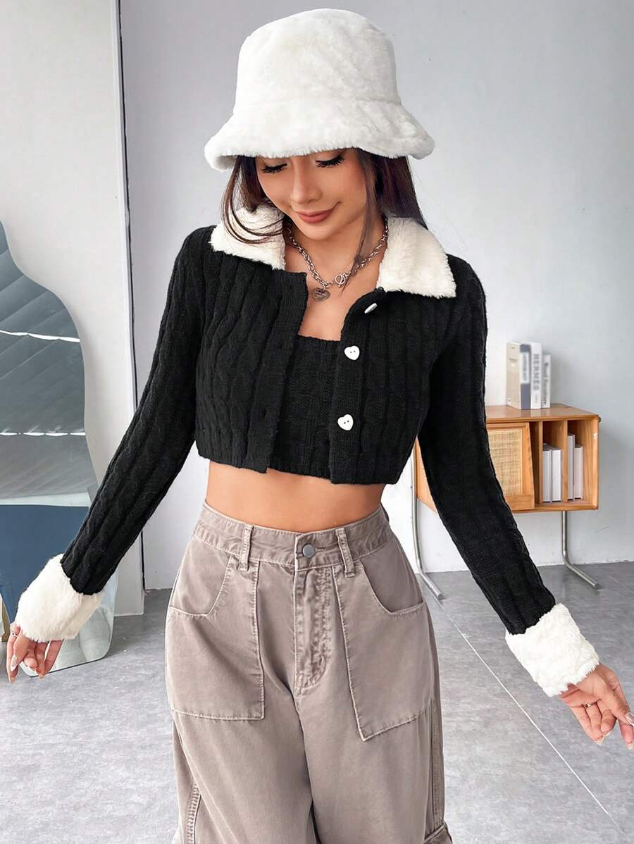 SHEIN EZwear 2入組毛絨領釦前開衫和細肩帶針織上衣 - 黑色 - 查看 1