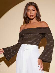 SHEIN Tall 一字肩喇叭袖T恤 - 摩卡棕 - 查看 5