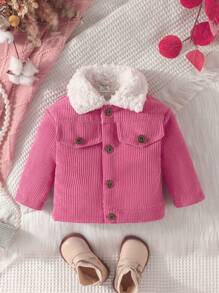 SHEIN Baby Girl Flap Detail Thermal Lined Corduroy Coat - Hot Pink - View 1