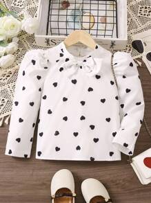 SHEIN 女小童愛心圖案前蝴蝶結泡泡袖襯衫 - 白色 - 查看 1
