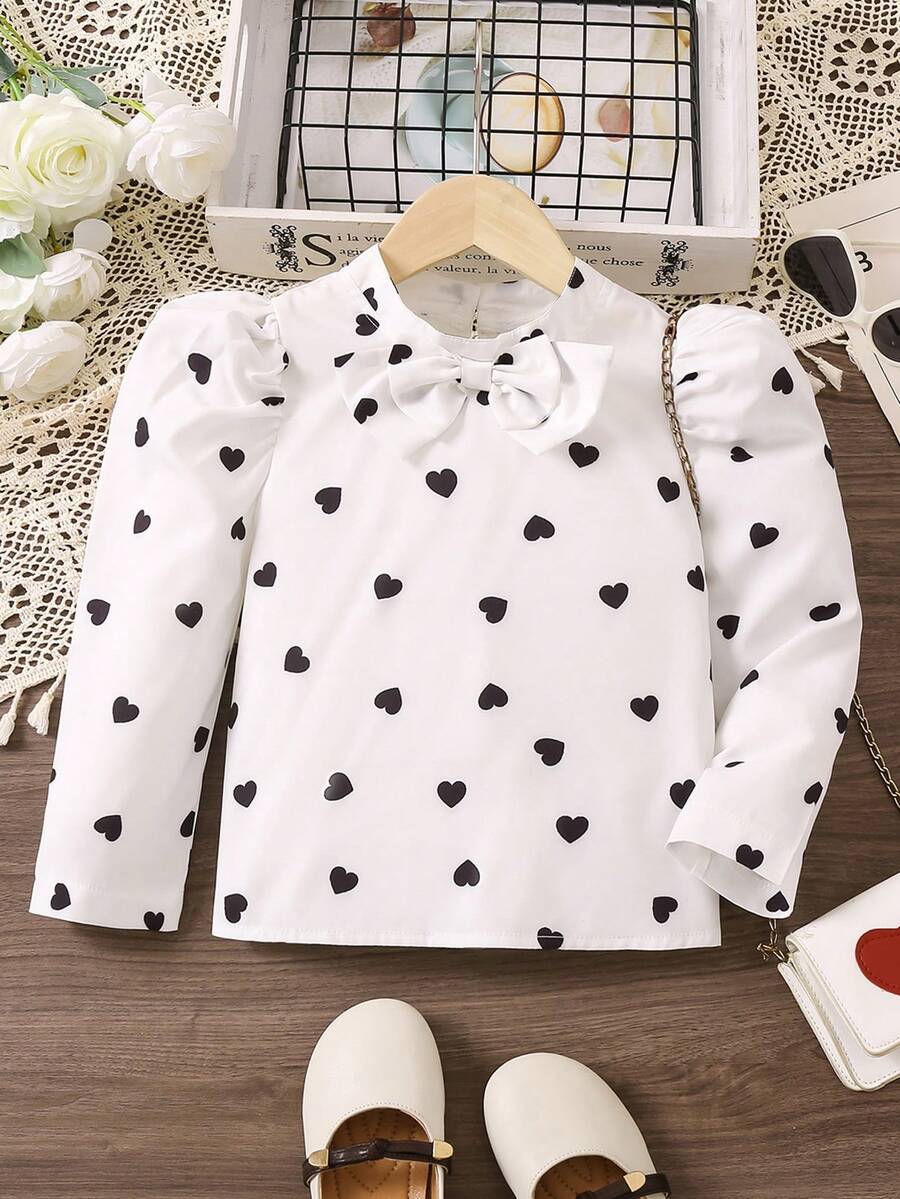 SHEIN 女小童愛心圖案前蝴蝶結泡泡袖襯衫 - 白色 - 查看 1