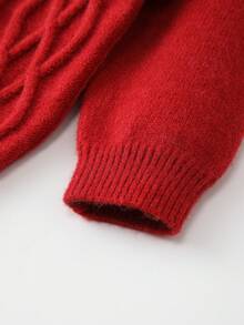 SHEIN 女小童拼接荷葉邊麻花編織套頭毛衣 - 紅色 - 查看 5