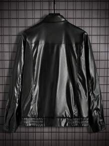 Manfinity Homme Men's Solid Color Zipper Pu Leather Jacket - Black - View 10