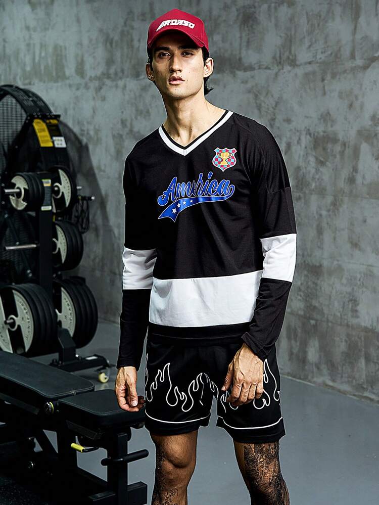 Men Letter Graphic Colorblock Drop Shoulder 2 In 1 Sports Tee Long Sleeve Shirt